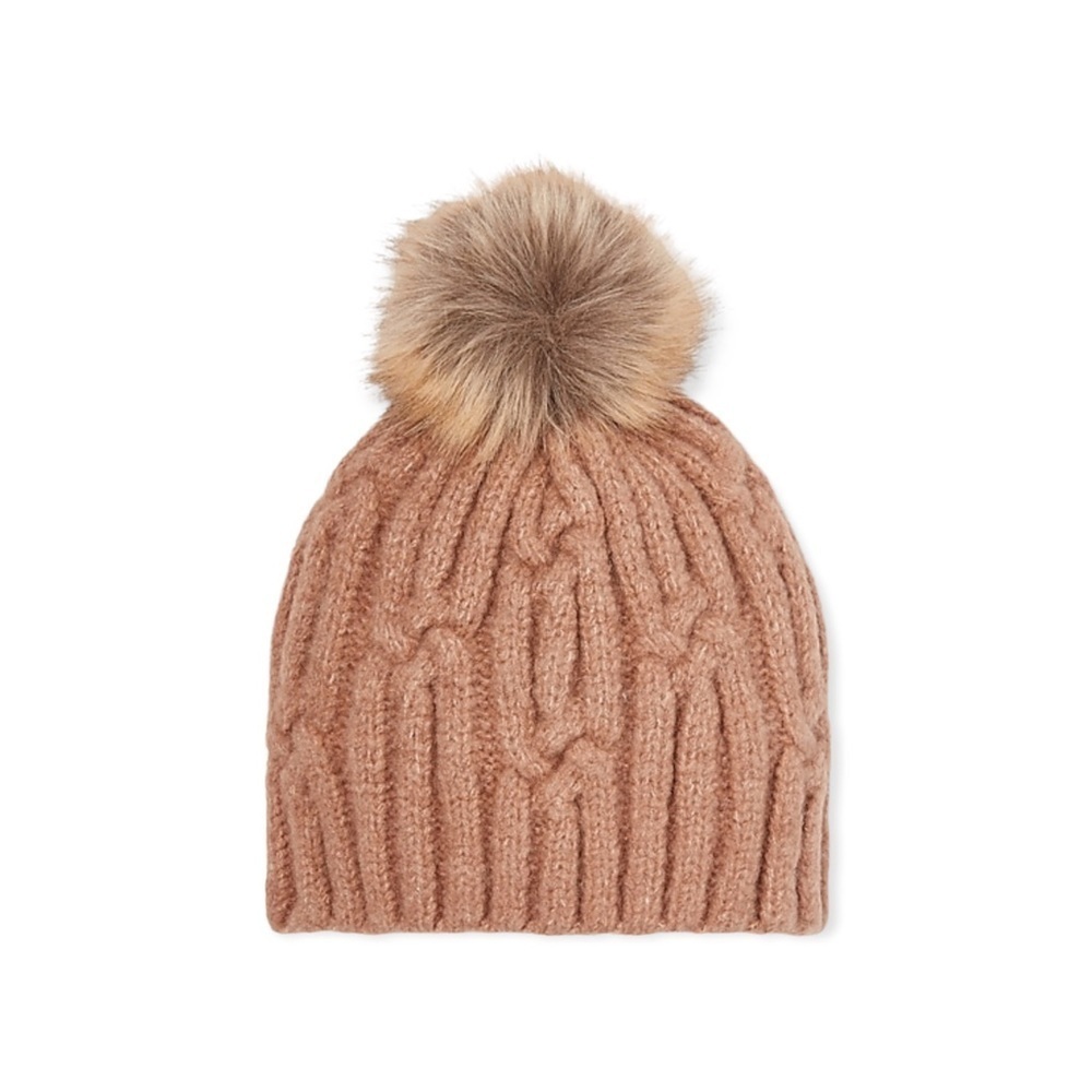 EXPRESS Cafe Au Lait Cable Knit Pom Beanie NWT